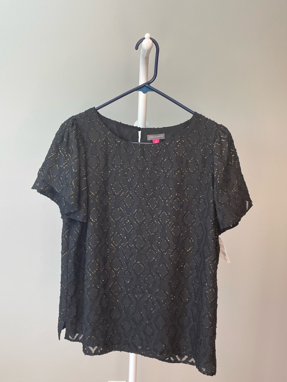 Vince Camuto Black Short Sleeve Lace Top with Gold Threading